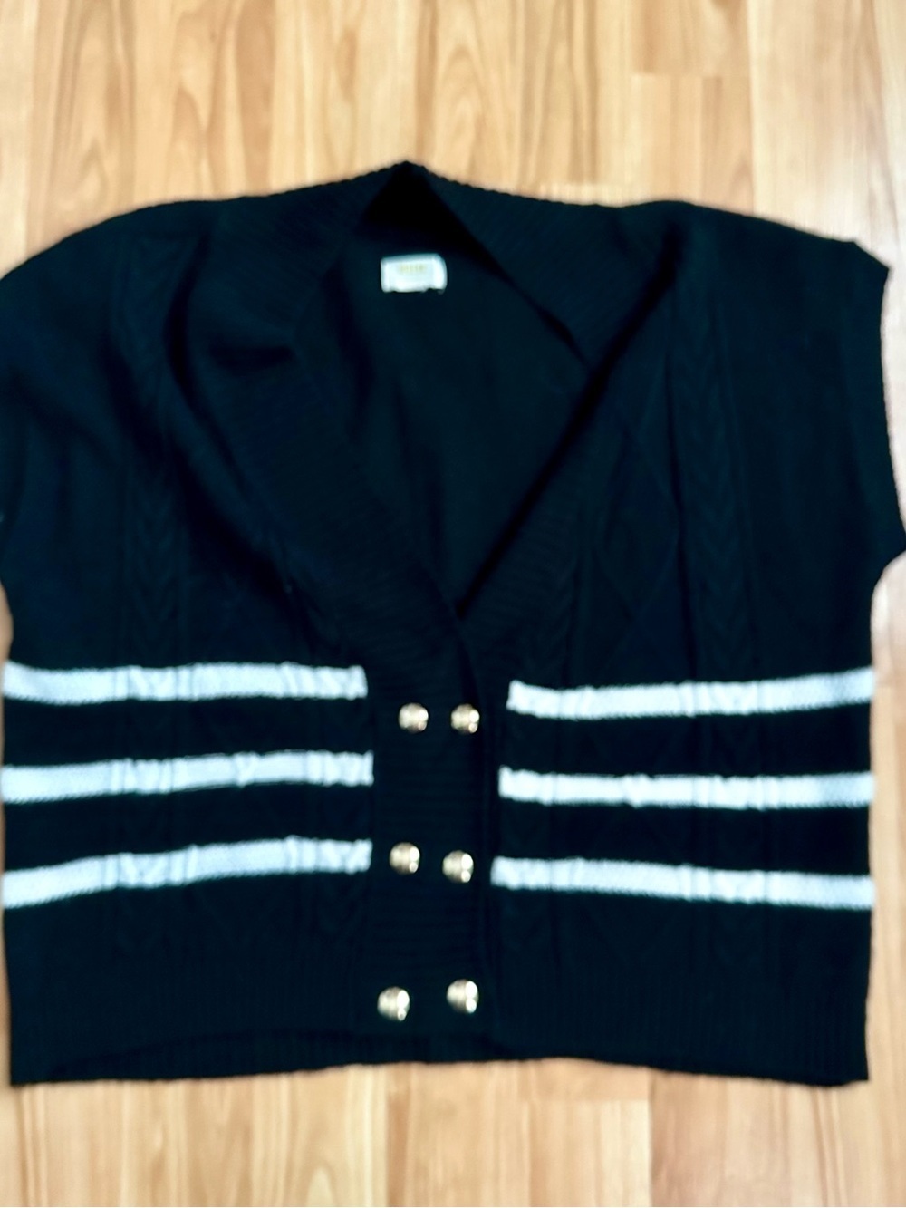 Maeve Anthropologie Black Knit Cardigan Vest with White Stripes and Gold Buttons